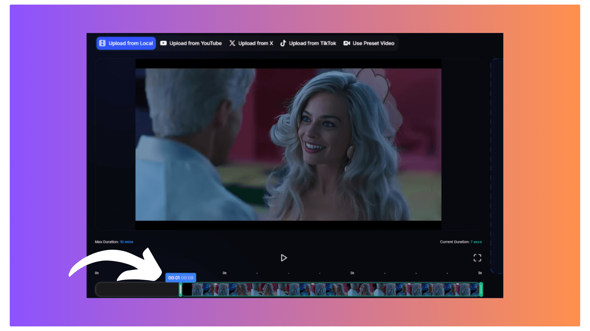 Video Face Swap AI offers uploads from local, YouTube, X (formerly Twitter), and preset videos for deepfake.